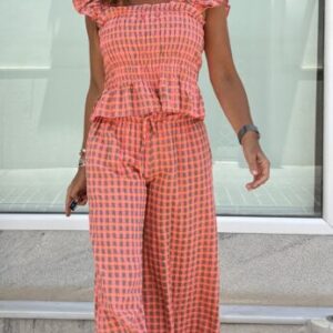 Conjunto top y pantalón vichy topo y coral