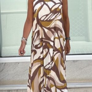 Vestido lycra fria estampado beige y mostaza