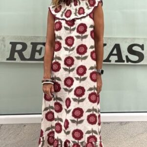 Vestido estampado cuello engomado beige y burdeos