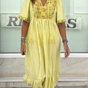 Vestido vichy con bordados amarillo