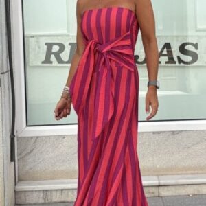 Vestido rayas coral y magenta palabra de honor