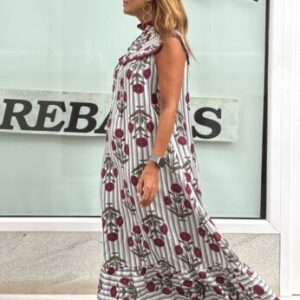 Vestido cuello engomado rayas agua estampado burdeos