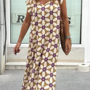 Vestido estampado fondo beige mostaza y morado