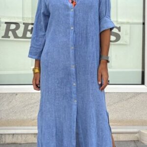 Vestido camisero efecto lino azul intenso
