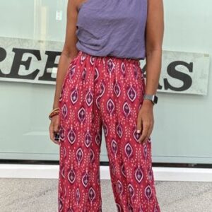 Pantalón bombacho coral estampado morado y blanco
