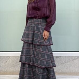 Falda volantes cuadros gris y magenta