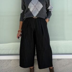 Pantalón balloon cinturón raya negro y gris