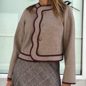 Chaqueta paño ondas camel y burdeos